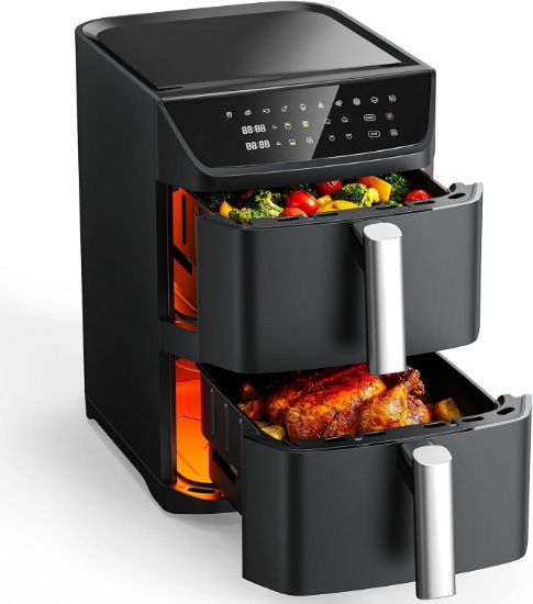 DOUBLE STACK AIR FRYER, 12.6QT LARGE CAPACITY, DUAL LAYER BASKETS, 1700W, 10 PRESETS, BLACK S