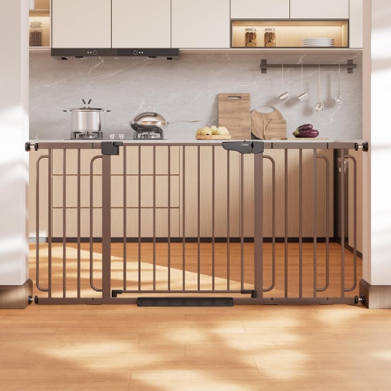 CUMBOR 36.6-64 IN EXTRA WIDE BABY GATE FOR STAIRS, BROWN, AUTO CLOSE, DOUBLE LOCK, MOUNTED
