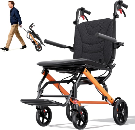 ADULT LIGHTWEIGHT FOLDABLE TRANSPORT WHEELCHAIR W/REMOVABLE CUSHION & TELESCOPIC HANDLE