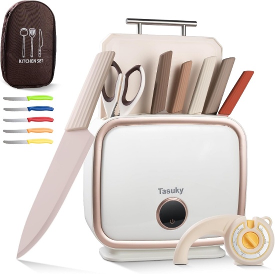 XXV 17-PIECE KNIFE SET W/BLOCK, SHARPENER & BAG - GERMAN STAINLESS STEEL KITCHEN KNIVES