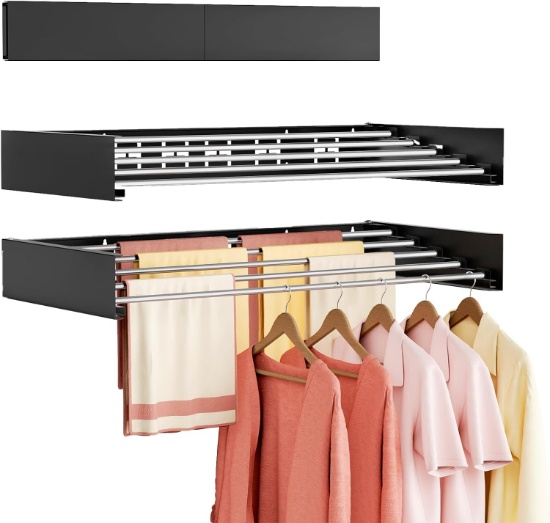 WALL MOUNTED CLOTHES DRYING RACK, FOLDING, INDOOR, COLLAPSIBLE, 5 RODS, BLACK (32")