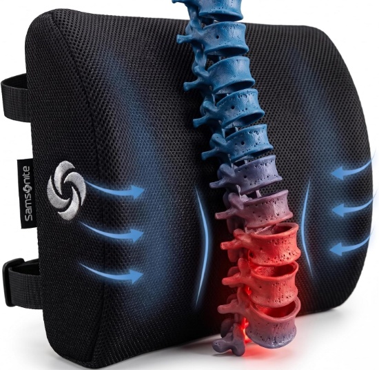 SAMSONITE LUMBAR SUPPORT PILLOW FOR OFFICE CHAIR, CAR, MEMORY FOAM BACK CUSHION