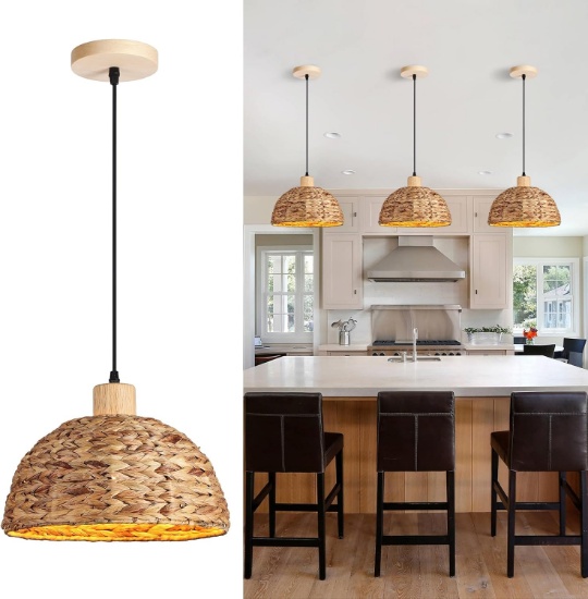 BOHO PENDANT LIGHT FOR KITCHEN ISLAND, 11.8" HAND-WOVEN RATTAN FIXTURE, SEAGRASS WEAVING LIGHT