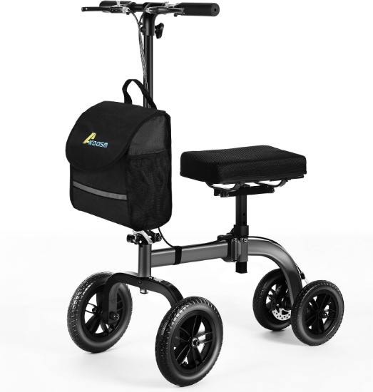 FOLDABLE ALL TERRAIN KNEE SCOOTER FOR ADULTS, ADJUSTABLE HEIGHT, 300LB, 10"/8" WHEELS, GREY