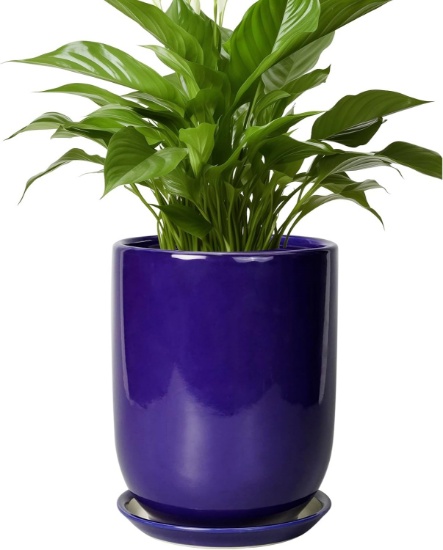 CERAMIC PLANT POT - 8-INCH PLANTER FOR INDOOR/OUTDOOR PLANTS W/DRAINAGE HOLE & SAUCER, BLUE
