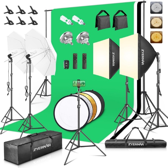ZYERNAR PHOTOGRAPHY LIGHTING KIT W/BACKDROPS, 8.5X10FT STAND, LED BULBS, UMBRELLA SOFTBOX