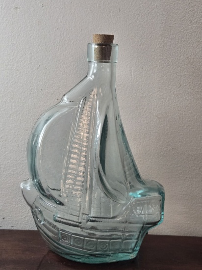 VINTAGE GLASS SHIP BOTTLE SANTA MARIA, LIGHT BLUE, 8.5"H