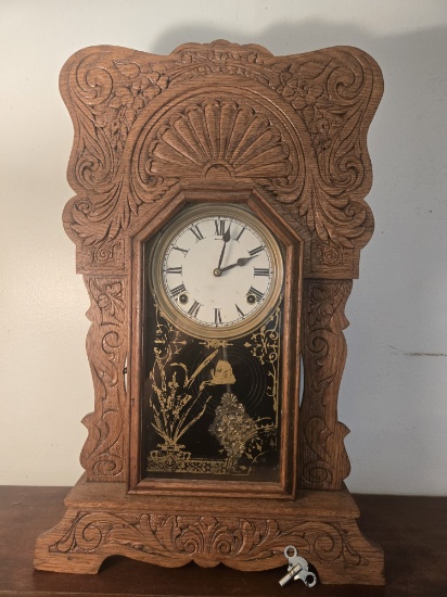 VINTAGE GINGERBREAD CLOCK, INCLUDES KEY, 23.25" X 14"