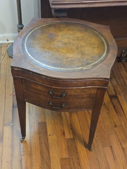 *VINTAGE REGENCY-STYLE MAHOGANY LEATHER-TOP SIDE TABLE, 25"H X 20.5"SQUARE