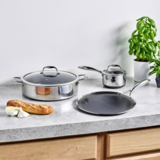 HEXCLAD HYBRID 5-PIECE COOKWARE SET - 7QT CHICKEN FRYER W/LID, 1QT POT W/LID, AND 12" GRIDDLE
