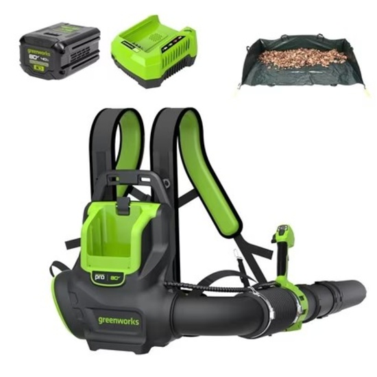 Greenworks 80V 800 CFM Cordless Backpack Blower w/Leaf Tarp, 4.0Ah Battery & Rapid Charger