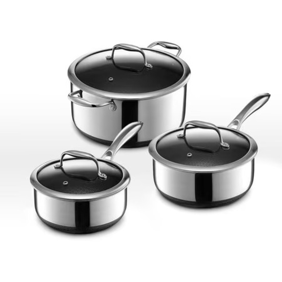HEXCLAD HYBRID COOKWARE 6 PIECE POT SET - 2, 3, AND 8 QT SAUCEPANS WITH GLASS LIDS