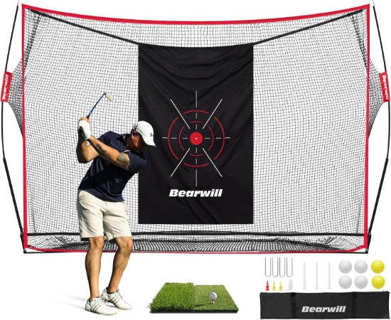 GOLF NET, 10X7FT HEAVY-DUTY PRACTICE NET W/MAT FOR INDOOR/OUTDOOR, TARGET CLOTH, 7 TEES, 6 BALLS