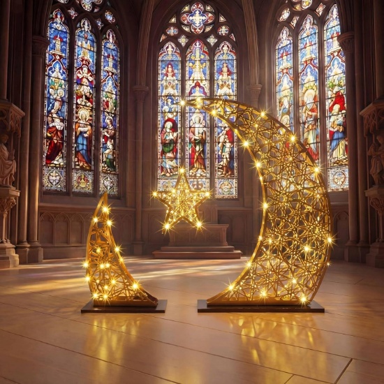 TUJOE IRON RAMADAN CRESCENT MOON LED STAR LIGHT STAND, METAL EID MUBARAK DECORATION FOR HOME