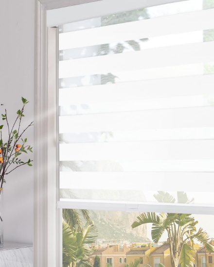 PERSILUX BLACKOUT CORDLESS ZEBRA BLINDS, 34"W X 64"H, WHITE, CASSETTE DUAL-LAYER DARKENING SHADES