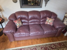 *DECORO MAROON LEATHER COUCH WITH 2 THROW PILLOWS