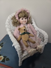 PORCELAIN DOLL IN WICKER CHAIR, CHAIR 12"H