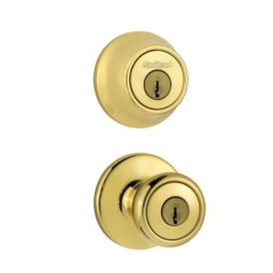 Kwikset Tylo Polished Brass Entry Door Knob and Double Cylinder Deadbolt Combo Pack, $133.84 ERV