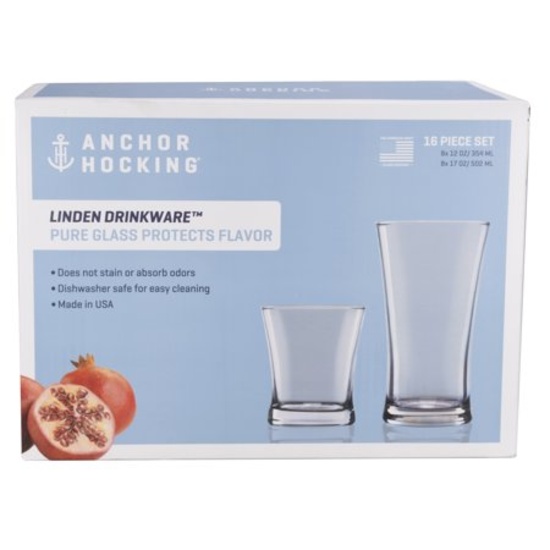 Anchor Hocking 16pc Linden Glass Beverage Set. $15.94 ERV