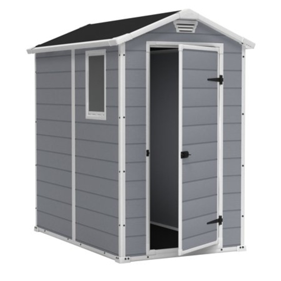 Keter Manor 4' x 6' Resin Storage Shed, All-Weather Plastic Outdoor Storage, Gray/White. $474.95 ERV