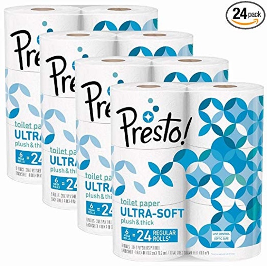 Amazon Brand - Presto! 308-Sheet Mega Roll Toilet Paper, Ultra-Soft, 24 Count. $24 MSRP