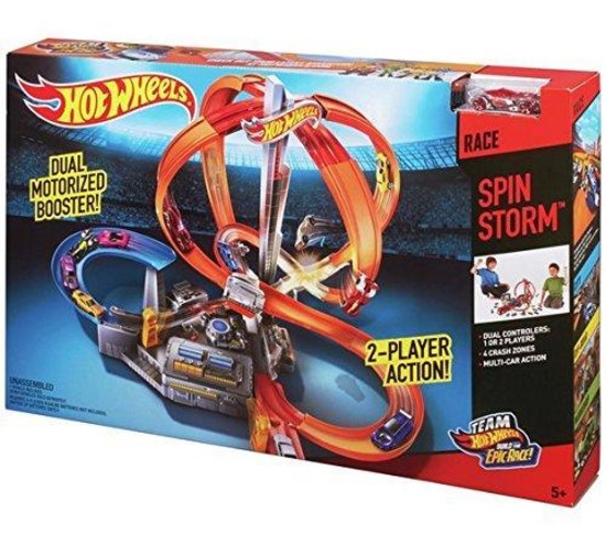 hot wheels storm and spin set includes two car loading zones and launch multiple cars, $44 MSRP