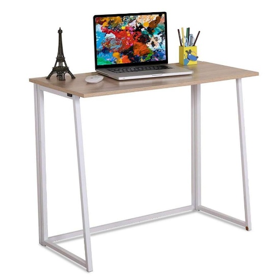 Folding Table, Small Foldable Computer Desk, Space Saving Office Table (Natural and White)