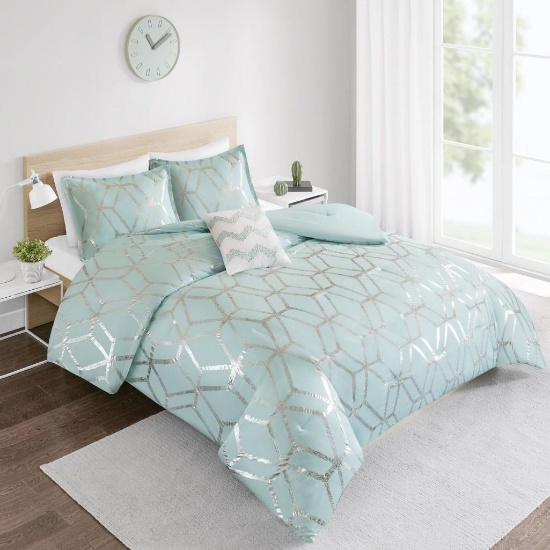 Comfort Spaces Comforter Set Queen Bedding Set-Vivian 4 Piece Aqua Blue/Silver,Geometric $68.31 MSRP