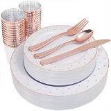 Rose Gold Plastic Plates, Cups with Disposable Silverware, Elegant Dot Design
