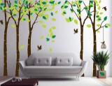 Giant Large Jungle 5 Trees Wall Decals Green Leaves and Fly Birds Wallpaper Wall Decor