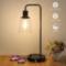 Industrial Table Lamp, Vintage Nightstand Lamp with Dual USB Ports Antique Office Lamp Glass Shade