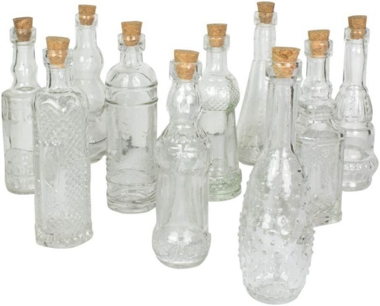 Vintage Glass Bottles with Corks, Bud Vases, Assorted Shapes,5" Tall, Set of 10 (Clear) $17.99 MSRP