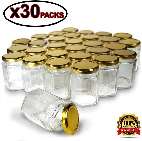 Patriot 30 SETS OF 4.0 OZ Hexagon Glass Jars With Gold Lids ( 30 SETS, 4 OZ ) - $35.99 MSRP