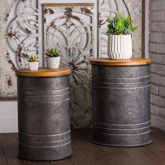 Glitzhome Rustic Storage Bins Metal Stool Ottoman Seat with Round Wood Lid Set of 2
