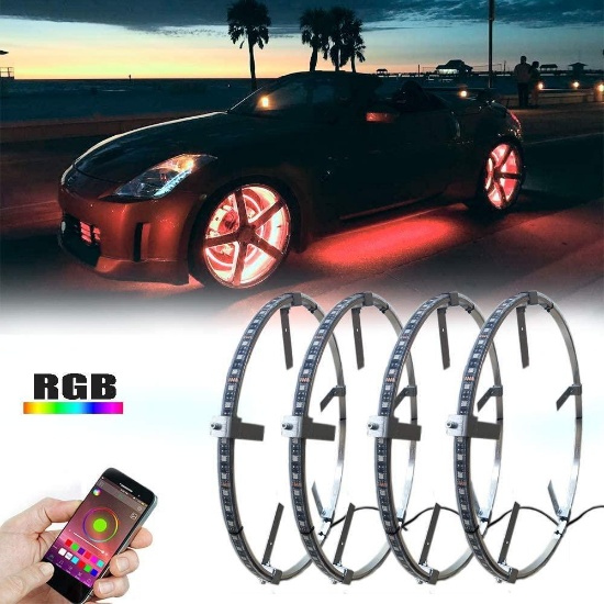 AddSafety 4PCS 15.5inch RGB LED Wheel Ring Light Kit Bluetooth Control w/Turn Signal