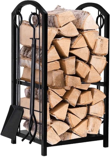 Fireplace Log Rack with 4 Tools Indoor Outdoor Fireside Firewood Holders Lumber Storage Stacking