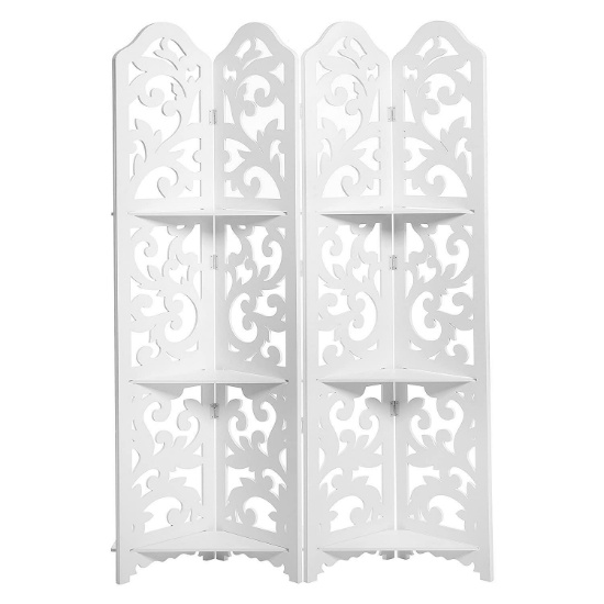 MyGift White Wood Floral Cut-Out Design 4-Panel Room Divider with 3 Removable Shelves