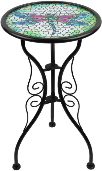 Liffy Outdoor Mosaic Side Table Dragonfly Bench Small Patio Round Printed Glass Table