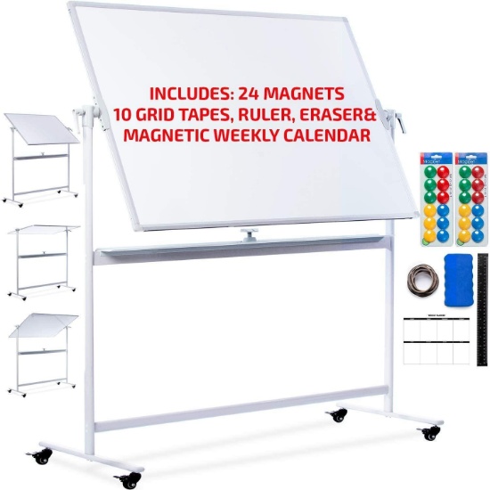 Creative Space Standing Mobile Whiteboard - 48x36 with 24 Magnets, 10 Grid Tapes,Ruler,Eraser