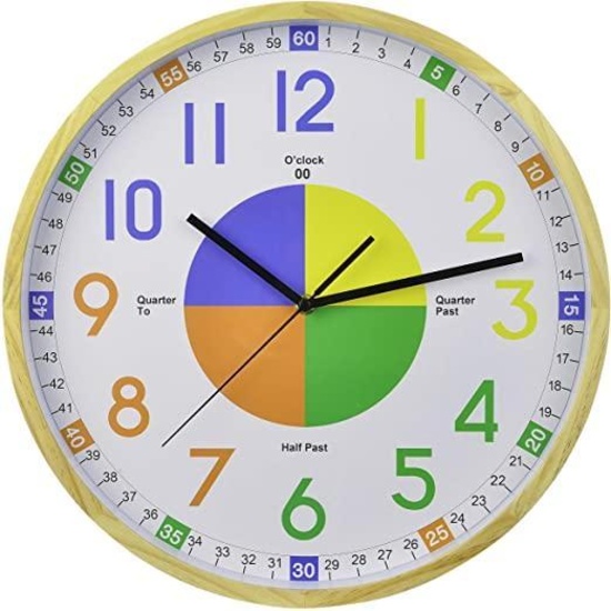 16-Inch Pine Frame Kids Learning Time Teaching Educational Wall Clock Colorful