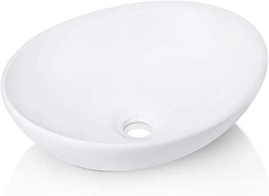 KES Oval White Ceramic Vessel Sink - Modern Egg Shape Above Counter Bathroom Vanity Bowl