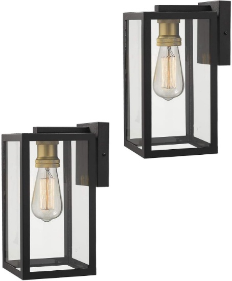 Zeyu Exterior Wall Mount Light 2 Pack Black and Gold Finish with Clear Glass, 02A151-2PK BK