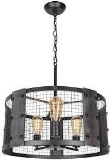 Beuhouz Round Cage Rustic Chandelier Light Fixture, Black Wood Farmhouse Drum Chandelier