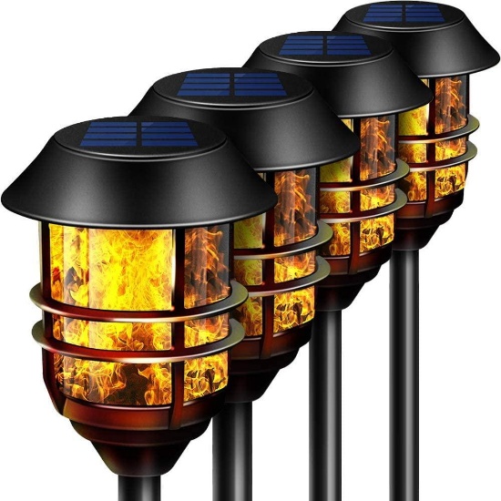 55" Tall Solar Torches Lights 4 Pack with Flicking Flame 100% Metal LED Solar Light Outdoor