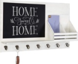 MyGift White Wood Wall Mounted Entryway Mail Sorter Rack w/ 5 Key Hooks and Black Chalk Board