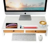 Computer Monitor Stand with Drawers - White Wood Laptop Screen Printer TV Riser