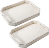 Rustic White Wood Serving Tray with Cutout Handles and Angled Edges, Set of 2