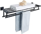 Bathroom Lavatory Towel Rack Towel Shelf with Two Towel Bars Wall Mount Holder