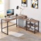 Bon Augure L Shaped Corner Computer Desk, Rustic Wood and Metal Office Desk with Storage Shelves