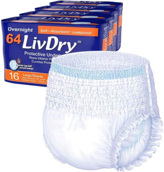 LivDry Adult L Incontinence Underwear, Overnight Comfort Absorbency, Leak Protection, $67.99 MSRP